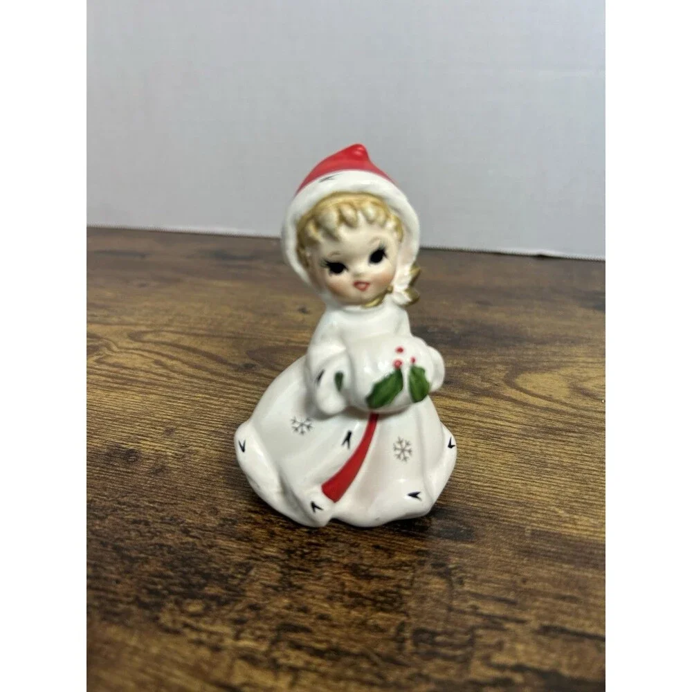 Vintage Napco Christmas Girl Bell Figurine White Coat Holly Japan 4” Tall Decor